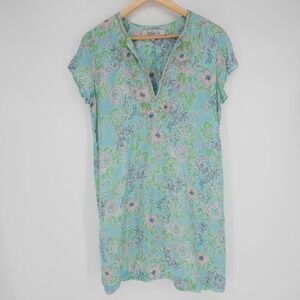 Bella Tu Dress Womens M Blue Floral Shift Short Sleeve V-Neck Beaded Lightweight